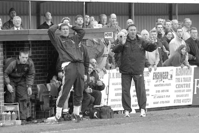 Joint managers Liam Daish and Mick Jenkins (right) look on during Hawks' FA Trophy semi-final second leg with Tamworth at Westleigh Park in 2003. Picture: Michael Scaddan.