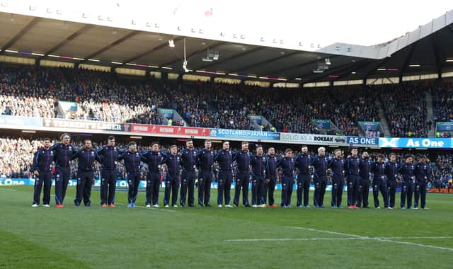The Scotland players sing Flower of Scotland ahead of the Tonga match.