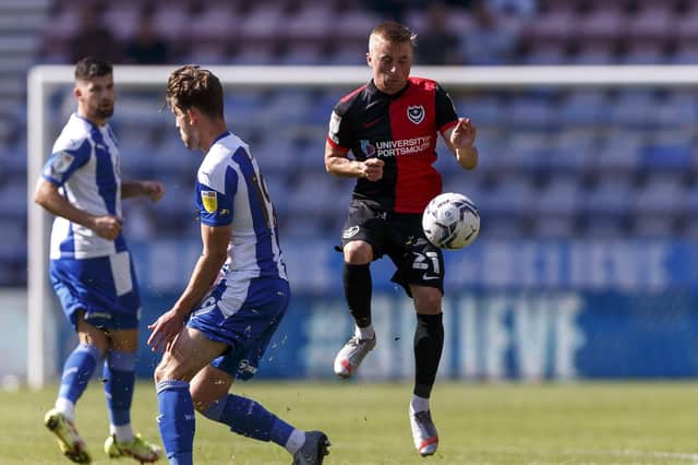 Pompey midfielder Joe Morrell battles for the ball. Picture: Daniel Chesterton/phcimages.com