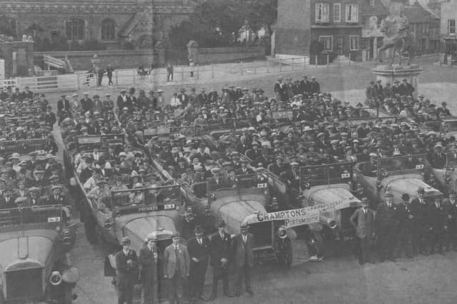 Parked up in Petersfield Square are employees of Crampton’s shipbuilders in Portsmouth. Picture: The News archive