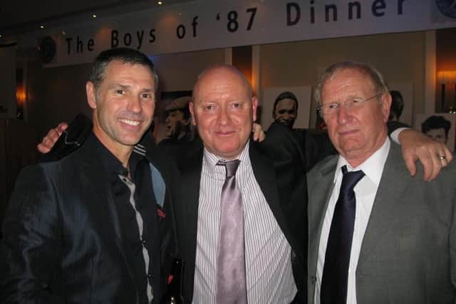 Dave Rees, right, with Pompey hall of fame organiser Jake Payne, centre, and former Blues player Paul Wood, left.