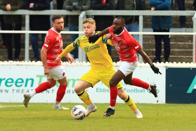 Joe Newton battles with Fleet's Omari Sterling-James. Picture by Dave Haines