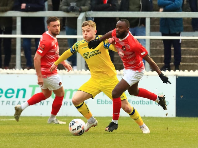 Joe Newton battles with Fleet's Omari Sterling-James. Picture by Dave Haines