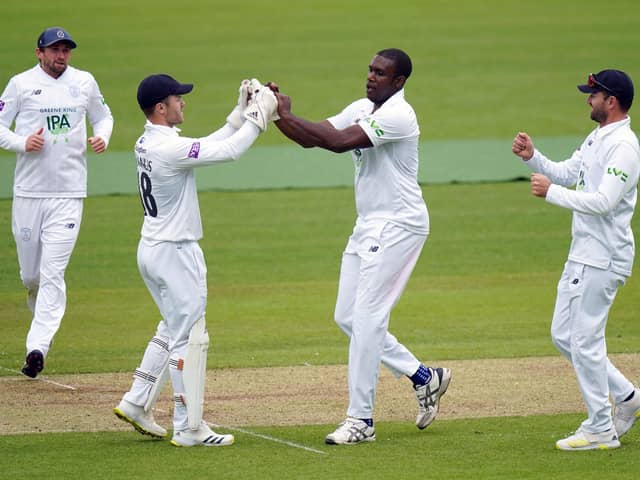 Hampshire's Keith Barker (centre) celebrates taking the wicket of Middlesex's Martin Anderson at Lord's yesterday. Picture: Adam Davy/PA Wire.