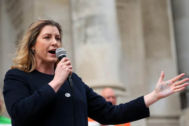 Penny Mordaunt at the Stop Aquind rally in Guildhall Square on April 23 Picture: Chris Moorhouse (jpns 220423-027)