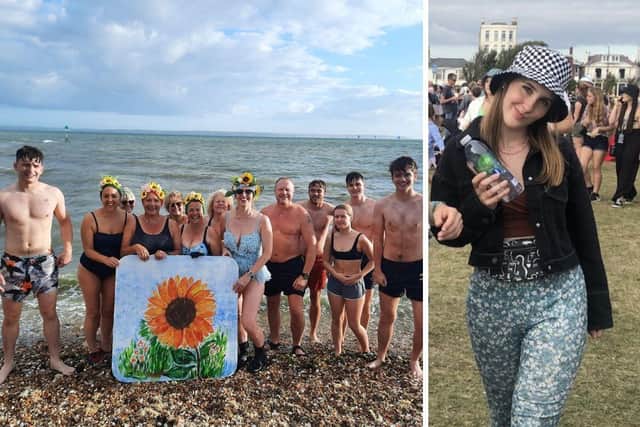 The Salty Sunflowers who have been taking dips in the sea at Lee-on-the-Solent to raise money in memory of Elin Martin, right