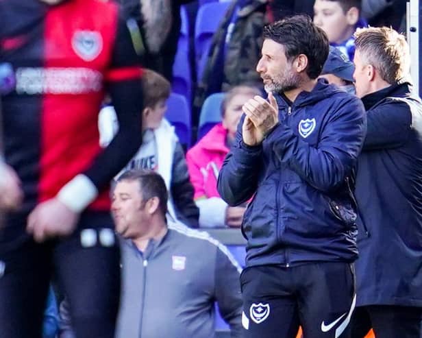 Pompey boss Danny Cowley at Portman Road on Saturday
