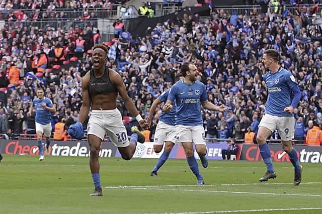 Jamal Lowe celebrates putting Pompey in front against Sunderland in the 2019 Checkatrade Trophy final. Picture: Barry Zee