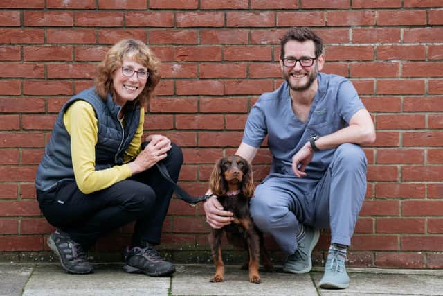 Hebe with owner Karen and vet Matt Tyler of St Peter's Vets. Picture: St Peter's Vets.