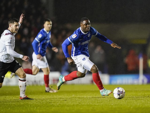 Christian Saydee bursts forward on the attack for Pompey