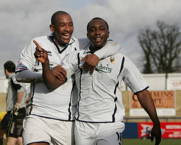 Jefferson Louis, left, and his cousin Richard Pacquette celebrate a Hawks goal in March 2007. Pic: Dave Haines.
