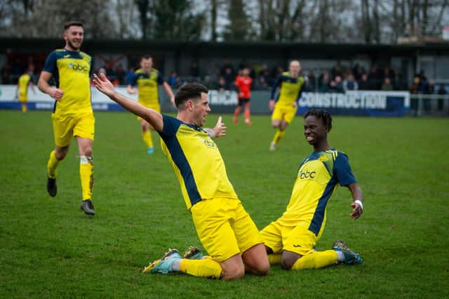Callum Laycock has just scored Moneyfields' winner at AFC Portchester. Picture by Dave Bodymore.