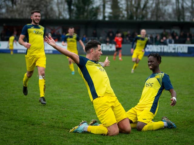 Callum Laycock has just scored Moneyfields' winner at AFC Portchester. Picture by Dave Bodymore.