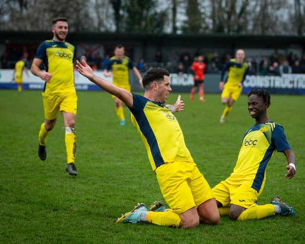 Callum Laycock has just scored Moneyfields' winner at AFC Portchester. Picture by Dave Bodymore.