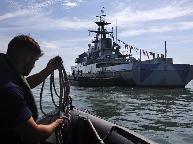 Pictured: HMS Tyne at anchor off the Coast of the Isle of Wight for Cowes Week.