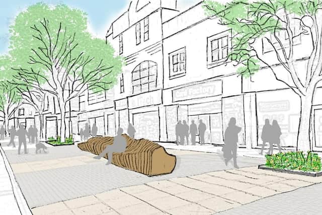 A sketch of what wooden sculptural seating and additional planting could look like on Commercial Road.