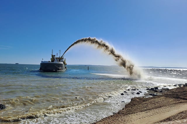 The Sospan Dau vessel has returned to complete the re-charging the beach east of the groyne during high tides. This final load of shingle will then be moved to where it needs to be on the beach, using a bulldozer.