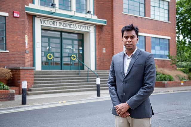 Azizul Rayhan got stuck in a lift at Victory Business Centre, Portsmouth for seven hours on July 17. He said his mental health has been severely impacted by the ordeal. Pictured: Azizul Rayhan pictured outside Victory Business Centre, Portsmouth on Tuesday 26th July 2022. Picture: Habibur Rahman