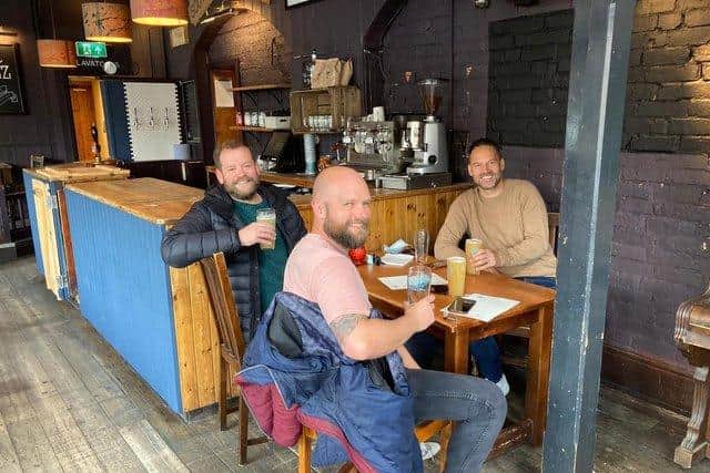 Friends Ian Jones, Martin Hudson and Rupert Ronca at The Vaults