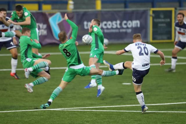 Tommy Wright fires in a shot during Hawks' 2-1 National League South win against Oxford City. Picture: Dave Haines.