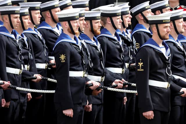 Members of the Royal Navy lead HM Queen Elizabeth's coffin to Westminster Abbey during The State Funeral Of Queen Elizabeth II. Photo by Chris Jackson/Getty Images