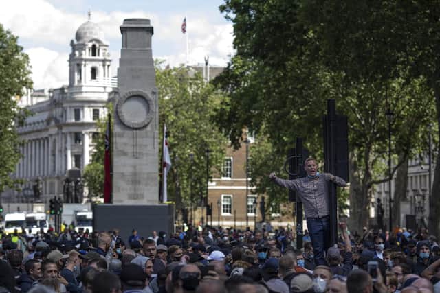 Activists gather on Whitehall as far-right linked groups gather around London's statues. Picture: Dan Kitwood/Getty Images