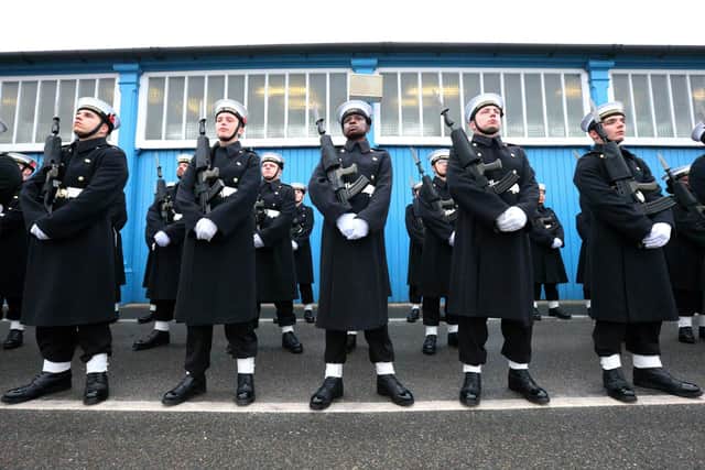 The Royal Navy's Ceremonial Guard in their final rehearsal for their duties at the Cenotaph in London, on Remembrance Sunday. They were photographed at Whale Island, Portsmouth
Picture: Chris Moorhouse (jpns 101121-29)
