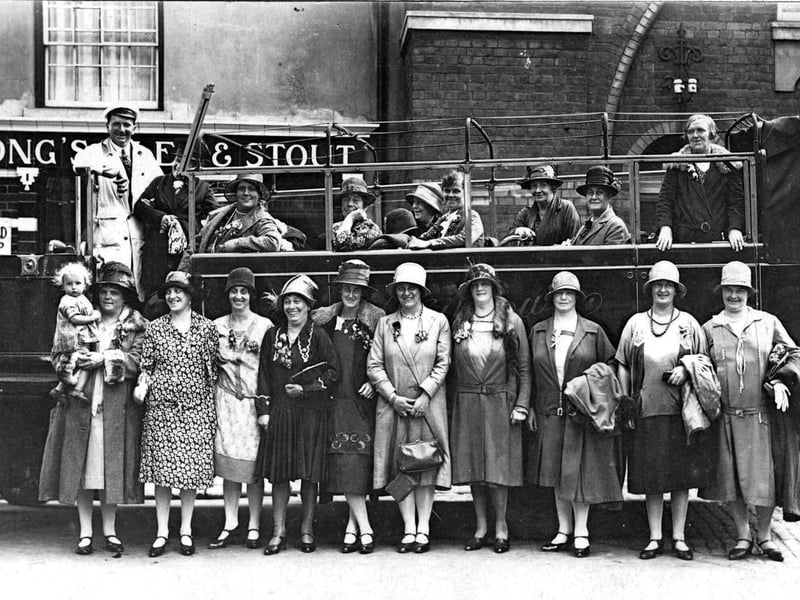 Dressed to impress - this ladies day out took place sometime in the 1920's, departing from the Southsea Cellars Public House.