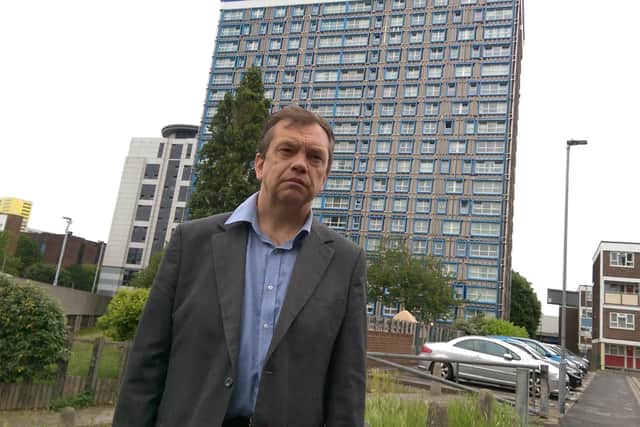 Portsmouth City Council housing cabinet member Councillor Darren Sanders outside the now-demolished Horatia House