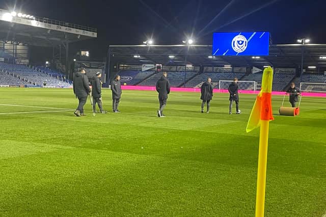 Referee Sam Purkiss inspects the pitch at Fratton Park this evening