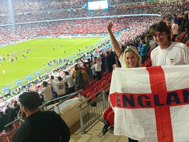 Caroline Dinenage, Gosport MP, celebrates England's victory over Denmark at Wembley.`