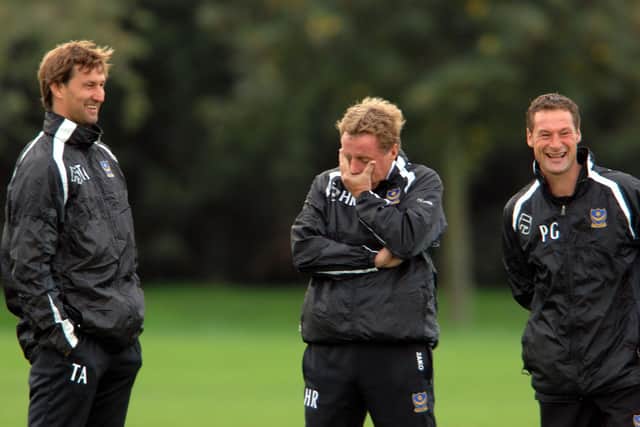 Pompey boss Harry Redknapp shares a joke with coaches Tony Adams and Paul Groves during happier times. Picture: Digital South/Robin Jones
.....
Pics; Robin Jones, The Digital South
Mobile; 07816 672061, Home; 023 80444648