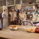 From left, The Captain (Ben Willbond), Kitty (Lolly Adefope), Thomas Thorne (Matthew Baynton), Lady Button (Martha Douglas-Howe), RObin (Laurence Rickard), Julian (Simon Farnaby) and Pat (Jim Howick) with their friend from the world of the living Alison (Charlotte Ritchie) (Picture: BBC/Monumental/Guido Mandozzi)