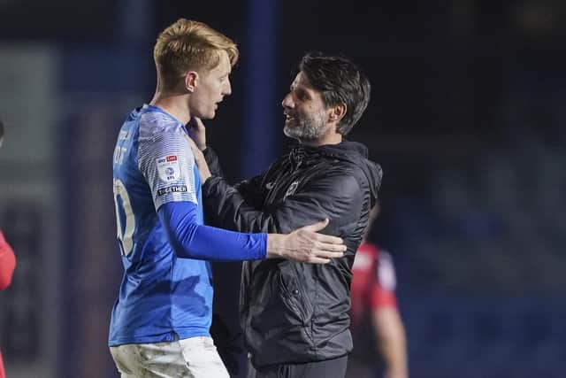 Joe Pigott, left, with Pompey manager Danny Cowley