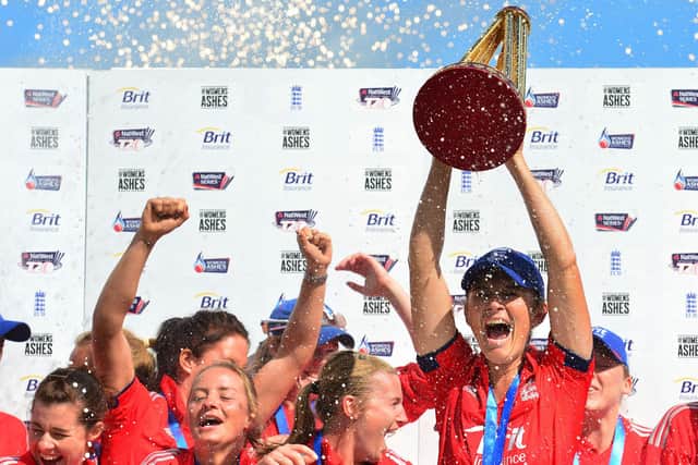 Flashback - England women's captain Charlotte Edwards with the Ashes trophy in August 2013. Pic: Owen Humphreys/PA Wire.