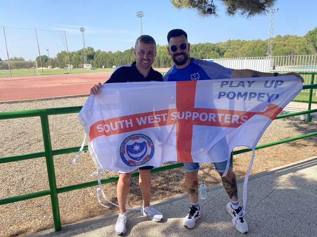 Pompey fan Ben Hardinge poses with Blues midfielder Joe Morrell at the Estadio Jose Burgos de Quintana. Picture: @benjhardinge