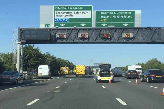 Three lanes are blocked on the A27 east Farlington due to a lorry. Hampshire Road Policing