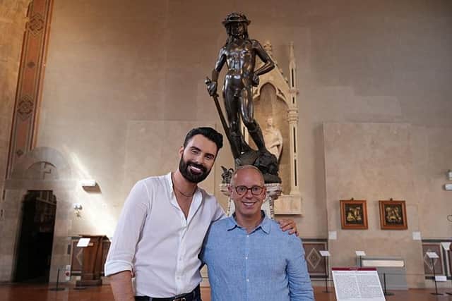 Rylan Clark and Rob Rinder get a close-up view of Donatello's David in Florence, part of the new BBC2 series Rob and Rylan's Grand Tour (Picture: BBC/Rex TV/Zinc Media/Lana Salah)