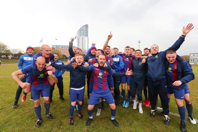 'Bunch of scallies' US Portsmouth celebrate after beating Flackwell Heath to reach the FA Vase semi-finals. Picture: Stuart Martin