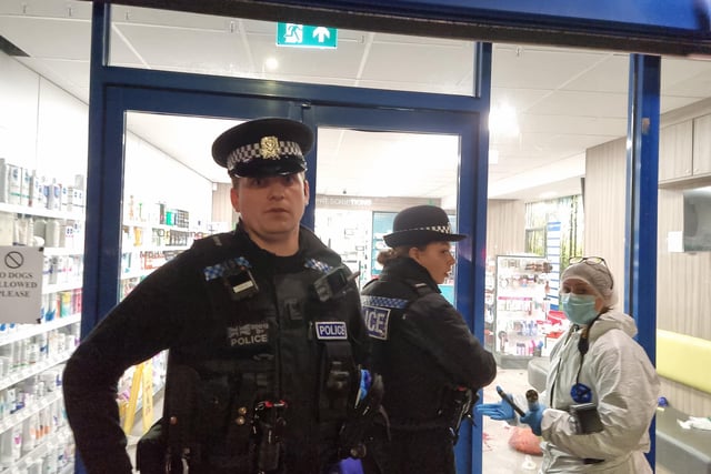 Police probe after North End street attack. Officers at Lalys Pharmacy on Wednesday night