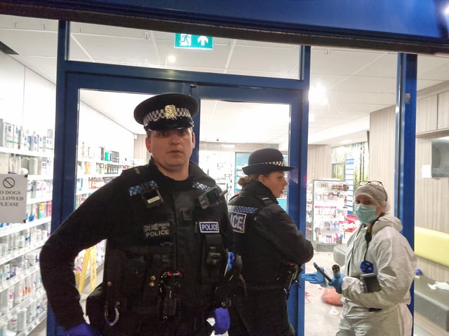 Police probe after North End street attack. Officers at Lalys Pharmacy on Wednesday night