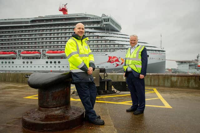 Mike Sellers, director of Portsmouth International Port with PCC leader, Gerald Vernon-Jackson in front of the cruise ship, Scarlet Lady at Portsmouth International Port.
Picture: Habibur Rahman