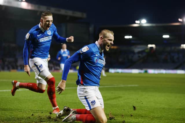Jack Whatmough celebrates scoring his first Fratton Park goal - coincidentally in his daughter's first Fratton Park visit. Picture: Joe Pepler