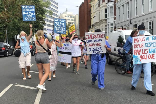 NHS health workers pictured protesting in Portsmouth over unfair pay. Photo: Tom Cotterill