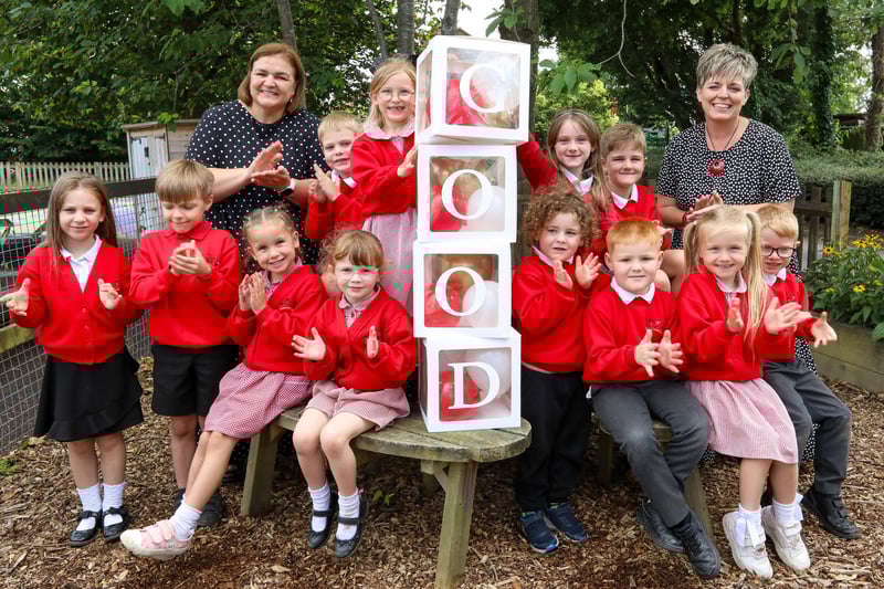 Children from the Bee Team and Year R are pictured with assistant head Ms Woodford, back left, and headteacher Mrs Bedson, back right. Rowner Infant School have received a 'Good' as a result of their Ofsted inspection
Picture: Chris Moorhouse (100724-004)