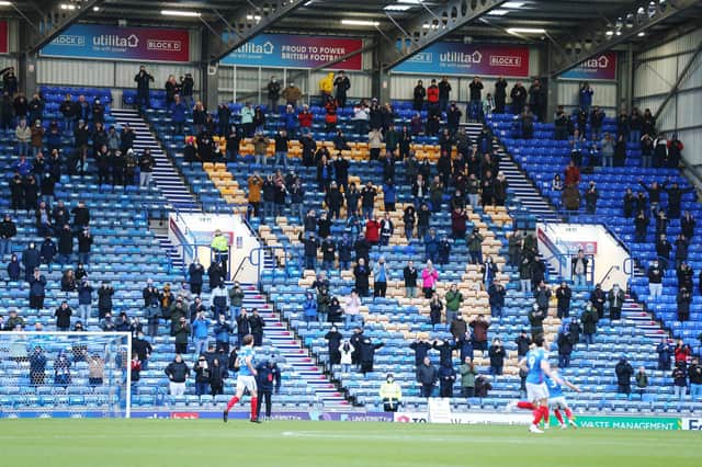 The Fratton end had a supporter presence for the first time in almost nine months when Peterborough visited Fratton Park. Picture: Joe Pepler