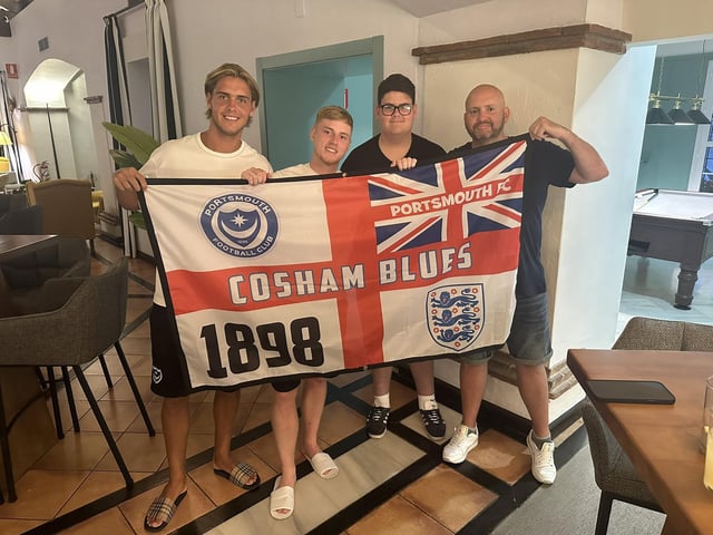 Pompey duo Ryley Towler and Paddy Lane pose for a picture with Chris O'Conner and pal PictureL @THEFelix1977
