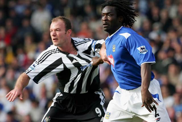 Alan Shearer battles Linvoy Primus for the ball during a visit to Fratton Park in 2005. Picture: Mike Hewitt/Getty Images)