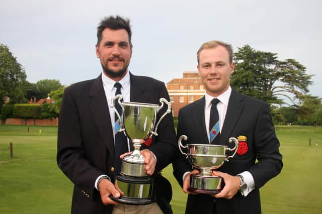 Flashback - Hampshire captain Martin Young (Brokenhurst Manor) with the South East England Golf Qualifier trophy and Meon Valley's Harry Ellis with the Peter Benka Trophy for the lowest 36-hole score (68, 66 -6) at Reading's Calcot Park in July 2016. Picture: Andrew Griffin/AMG Pictures.