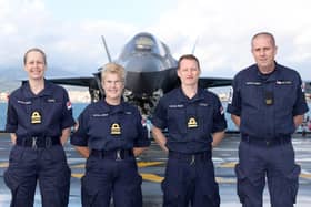 Left to right are Lt Cdr Young, Lt Cdr Church, Lt Livesey and AB Robert Paul ‘Dicky’ Dyke on board HMS Queen Elizabeth.